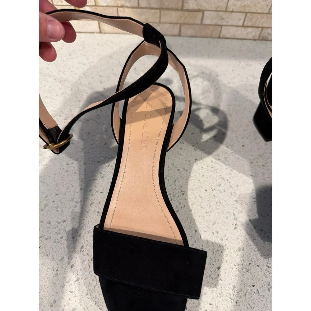 Coach Black Leather Ankle Strap Sandals Women's Block Heel